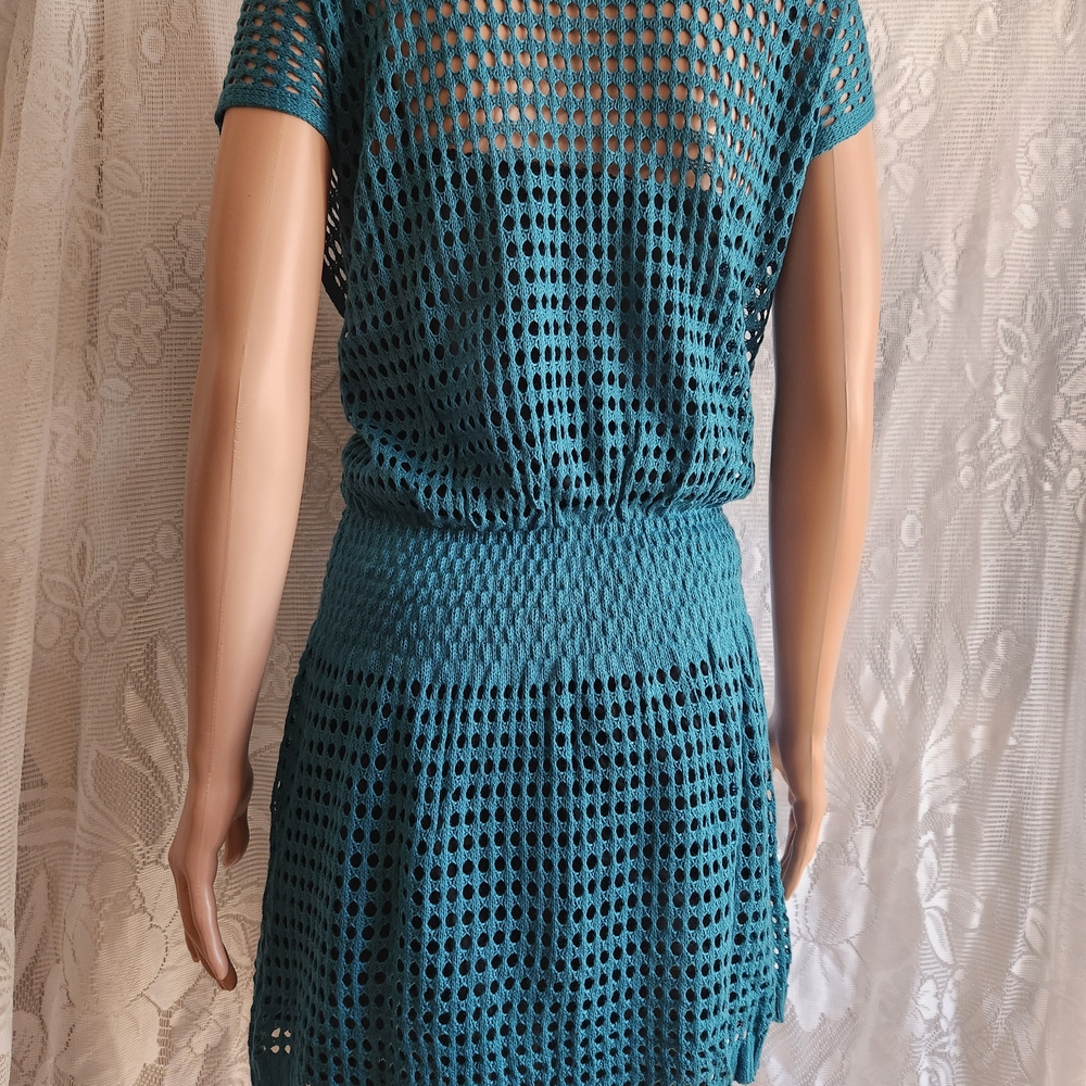 Women’s Teal Crochet Swim Coverup Dress with Button V-Neck - Picture 5 of 6